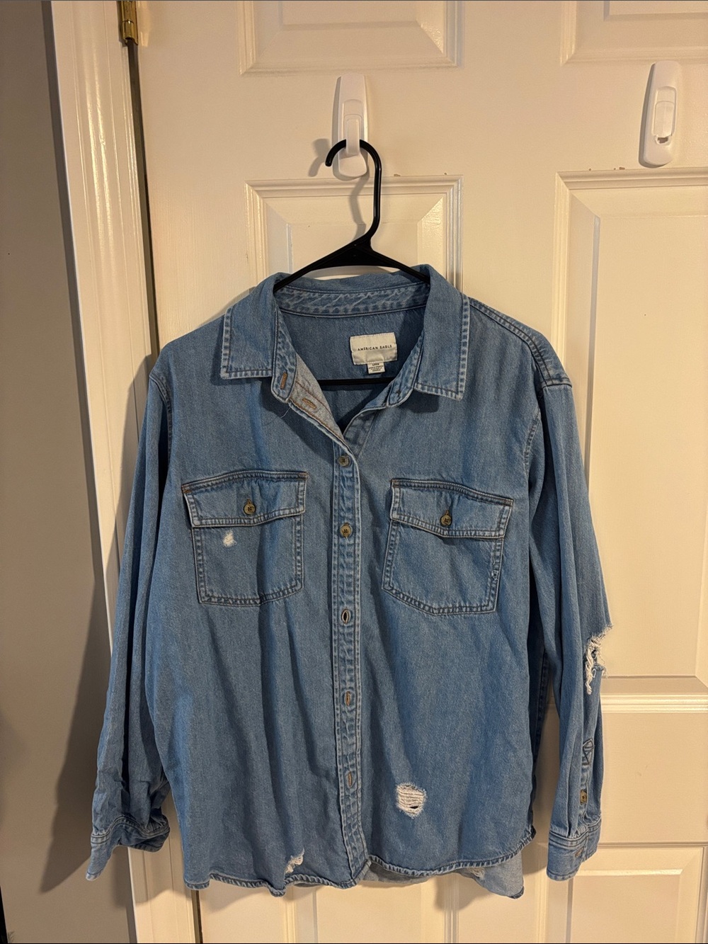 American Eagle Outfitters Light Blue Distressed Denim Button-Down Shirt